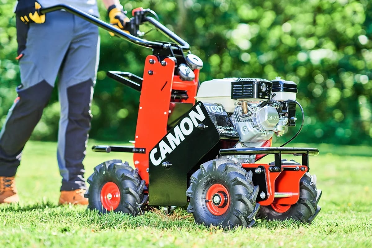 A Camon turf cutter from the MPS hire fleet at work on a garden lawn