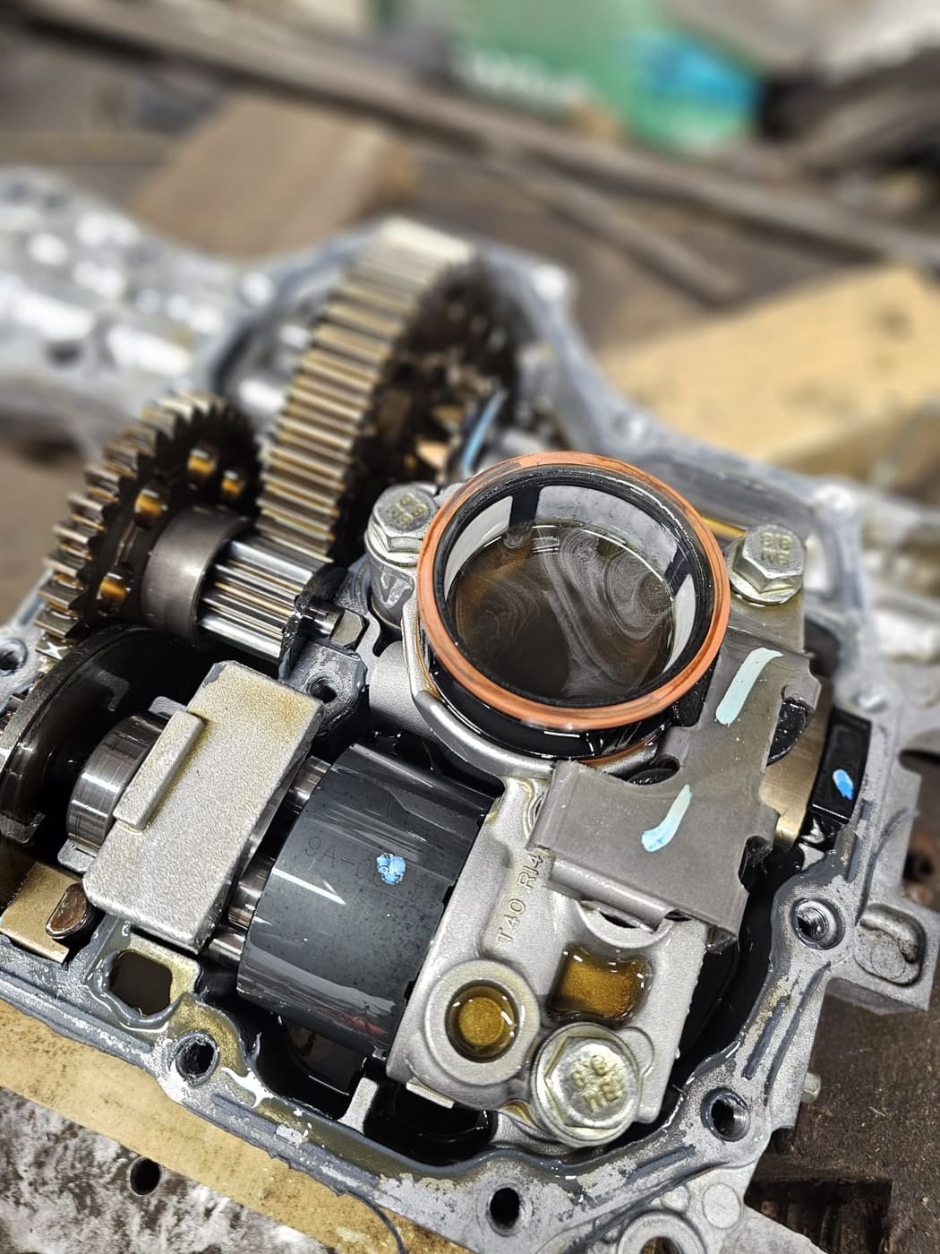 The hydro unit and gears inside an open Countax transaxle