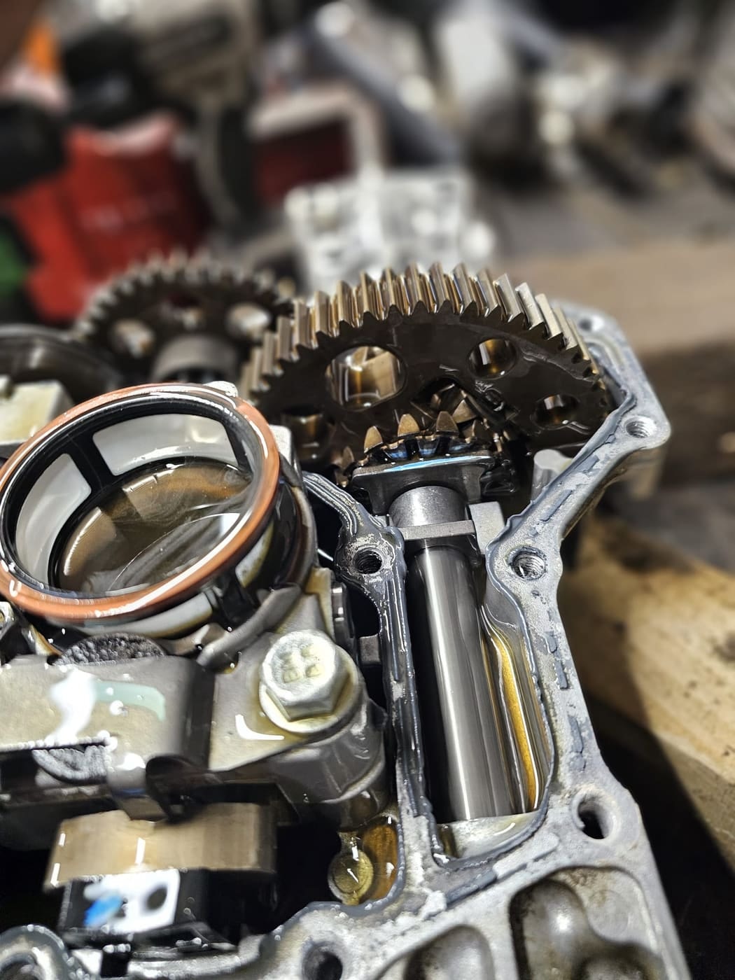 A close-up of the gears and pinion in a Countax transaxle