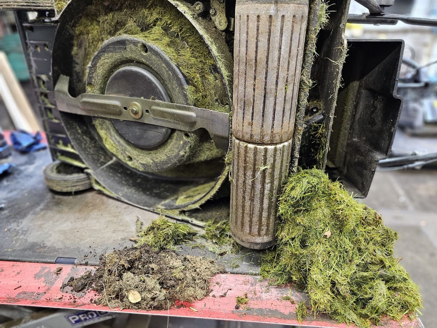 The underside of a Hayter rear-roller mower coated in grass and moss