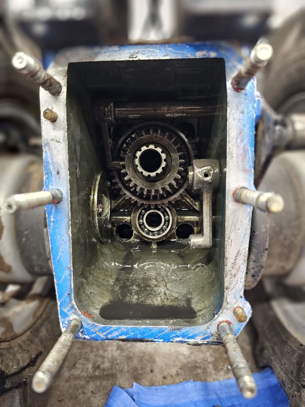 Gears and bearings inside an open two-wheel tractor gearbox
