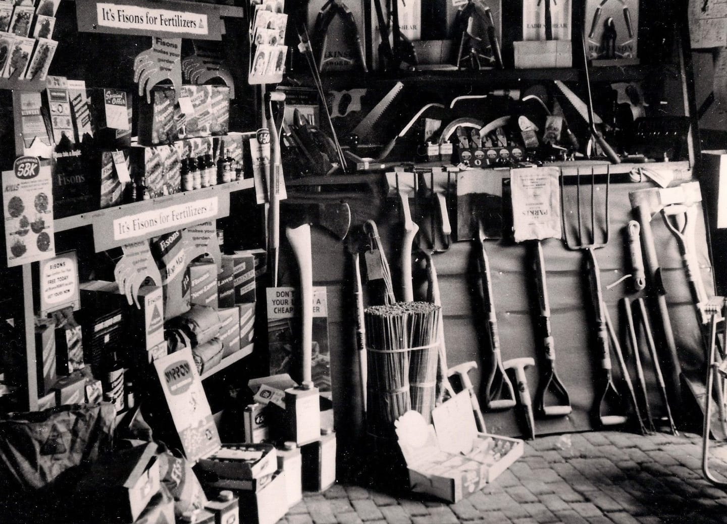 Tools, seeds and garden sundries on display in the shop in the 1960s